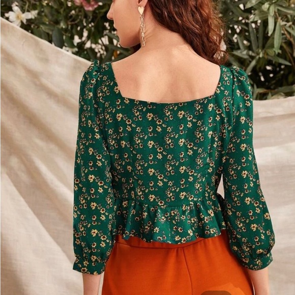 Shein Green Floral Peplum Top - Picture 2 of 7